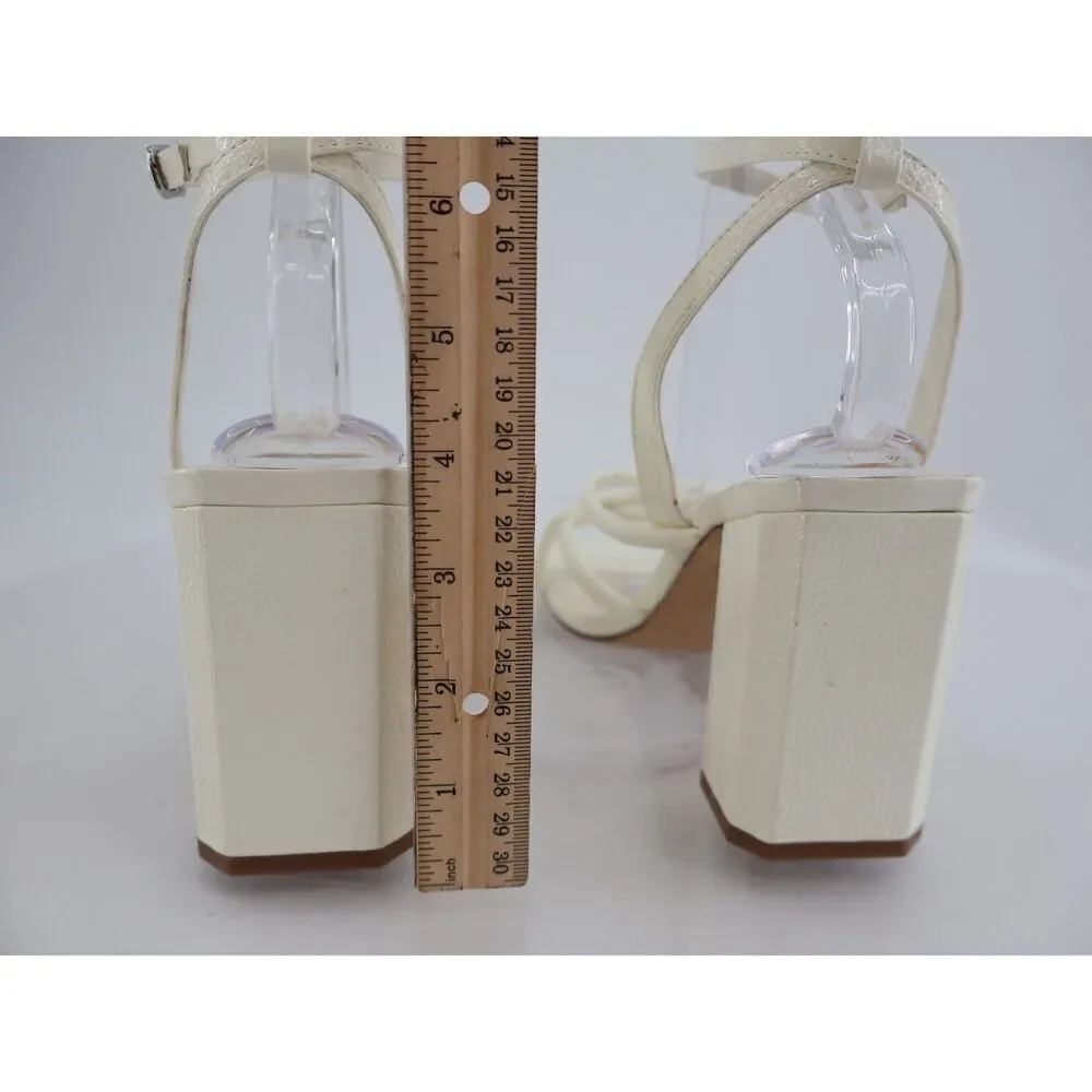 Naked Feet Mood Heeled Strappy Sandal Size 11 Ivory Vegan Patent Block Heel